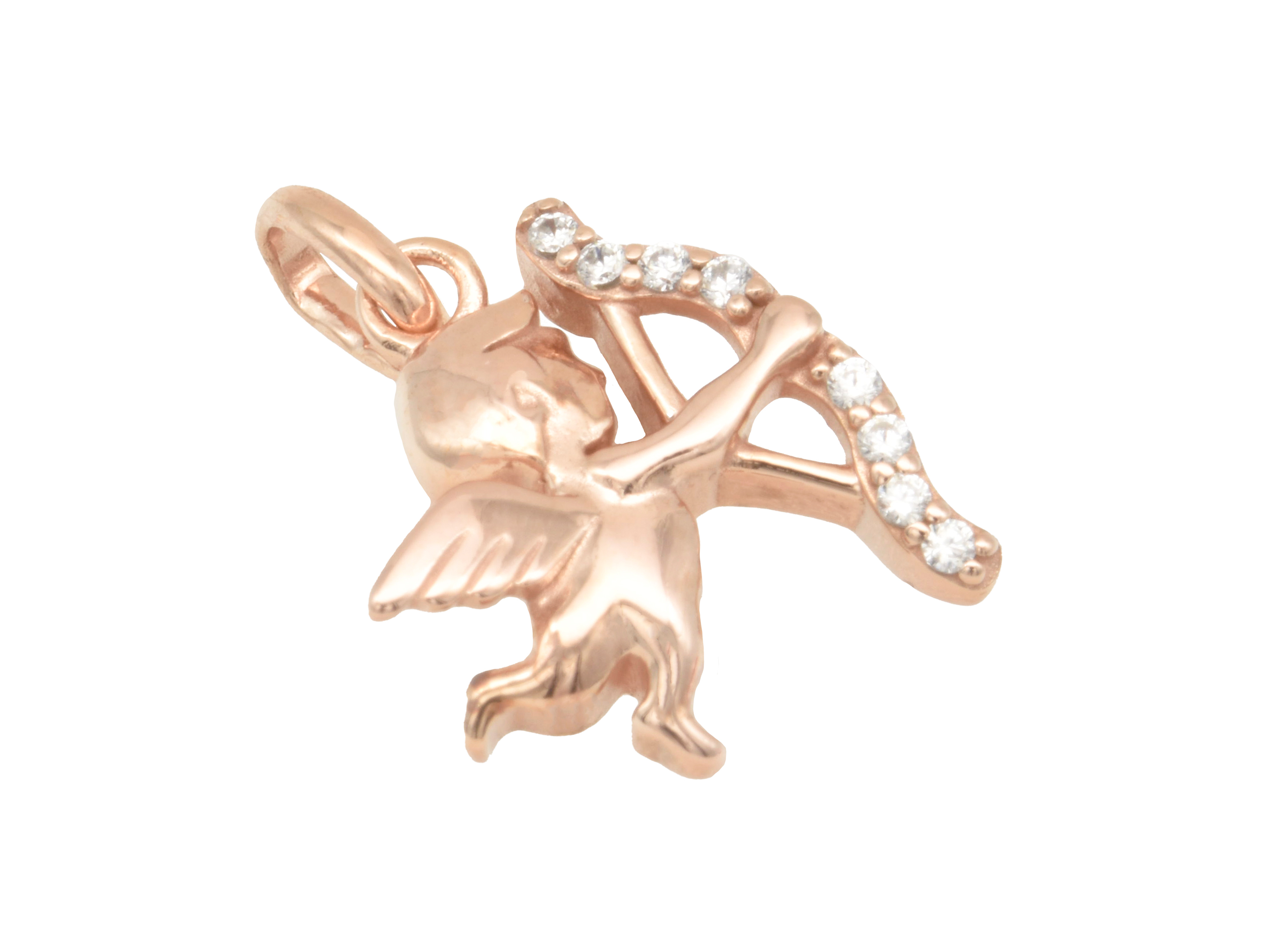 Silber Anhänger Engel Amor in rosegold vergoldet und poliert, verziert mit Zirkonia, hergestellt von Juwelier Harnisch, ideal als charmantes Schmuckstück für besondere Anlässe.