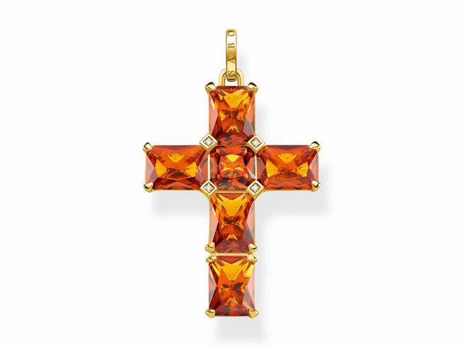 Thomas Sabo Anhänger in Form eines Kreuzes, aus vergoldetem Sterling Silber, besetzt mit orangefarbene Glas-Keramik Steinen und Zirkonia. Elegantes Design mit leuchtenden Farben.