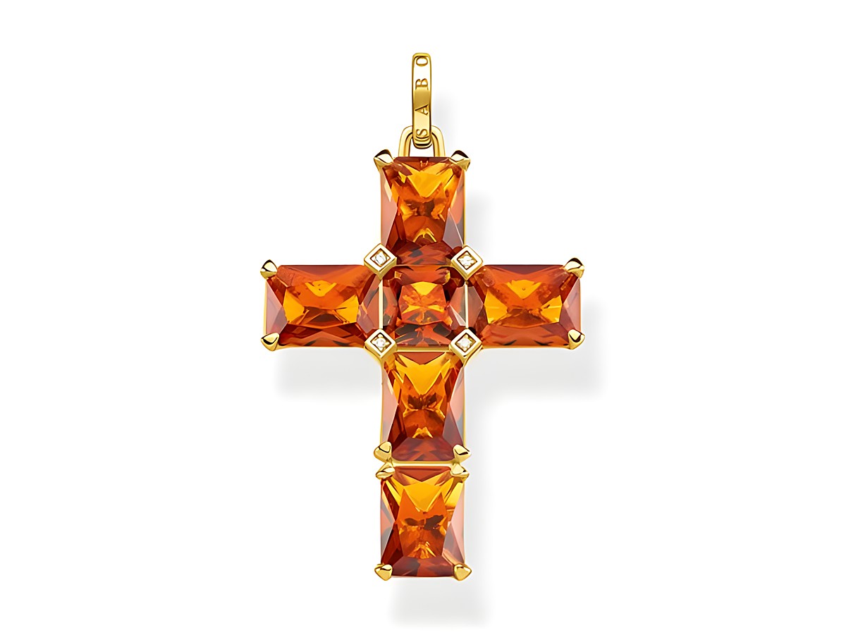 Thomas Sabo Anhänger in Form eines Kreuzes, aus vergoldetem Sterling Silber, besetzt mit orangefarbene Glas-Keramik Steinen und Zirkonia. Elegantes Design mit leuchtenden Farben.