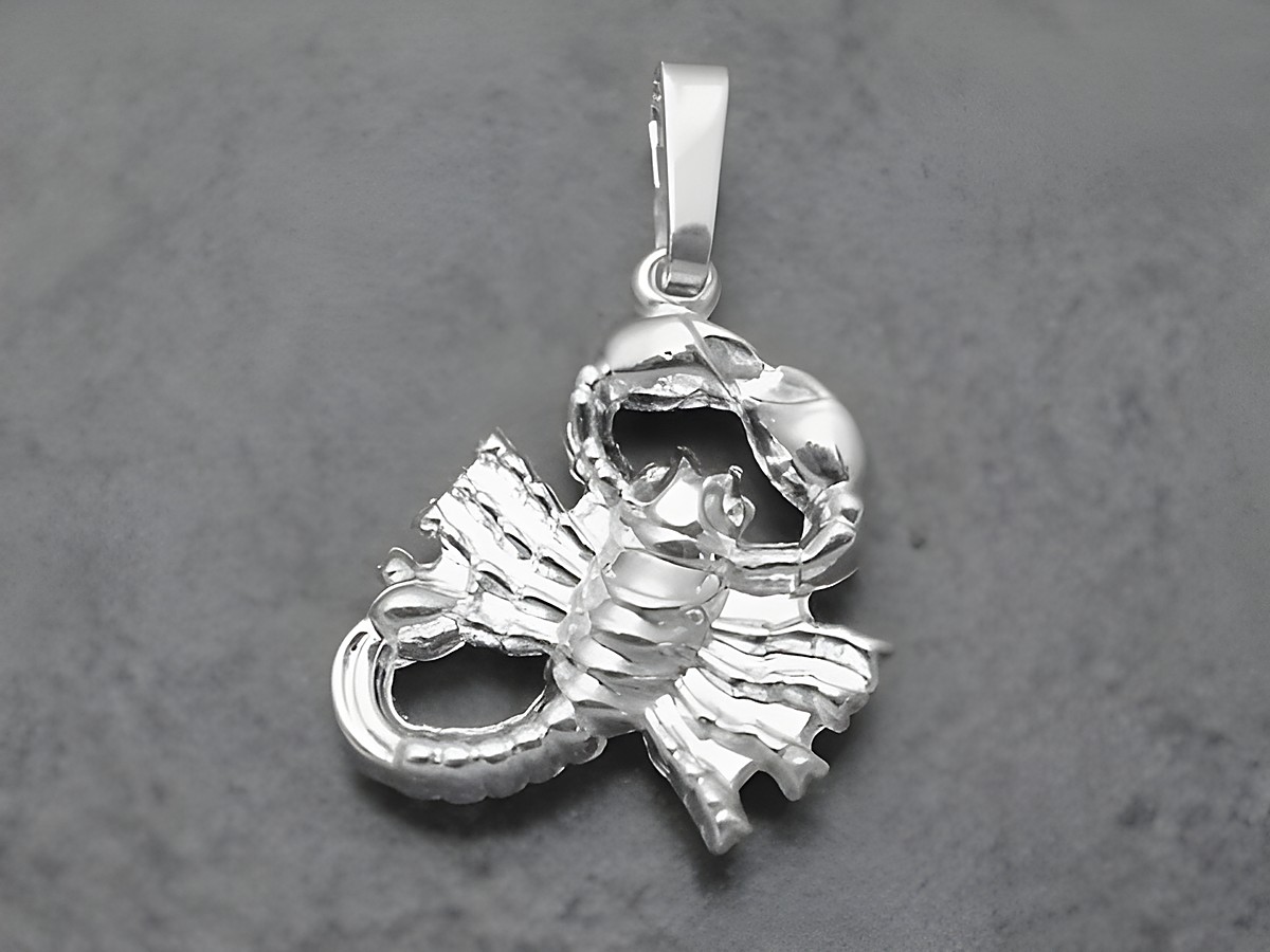 Anhänger im Design des Sternzeichens Skorpion aus hochwertigem Sterling Silber, plastisch gestaltet, vom Hersteller Juwelier Harnisch, ideal als Geschenk oder für die eigene Sammlung.