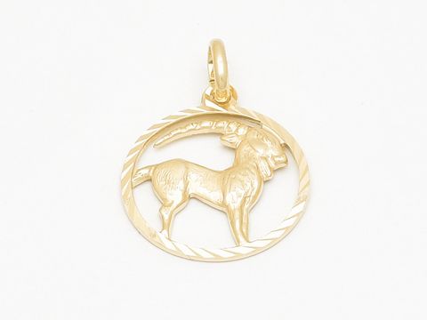 Goldener Steinbock-Anhänger mit diamantierter Oberfläche, Durchmesser 17 mm, von Juwelier Harnisch, symbolisiert das Sternzeichen Steinbock.