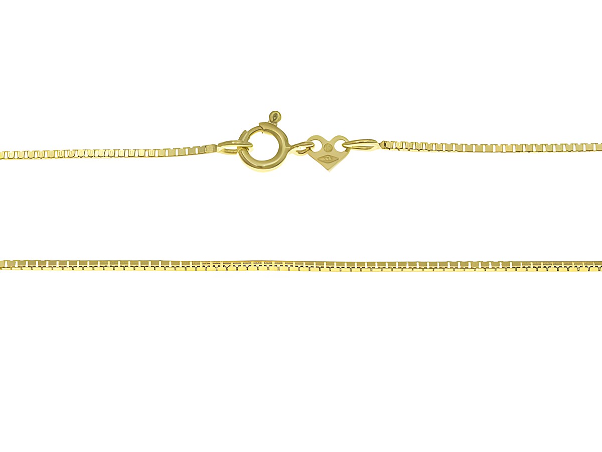 Venezianerkette 333 in Gelbgold, 1 x 1 mm, 42 cm lang, gefertigt vom Juwelier Harnisch, hochwertiger Verschluss. Elegantes Design für zeitlosen Schmuck.
