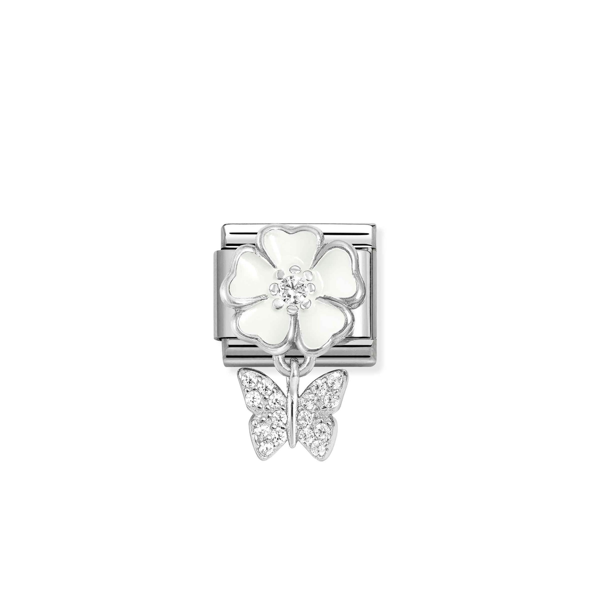 Nomination Composable Classic Charm Blume weiß Schmetterling - Edelstahl, Sterling Silber, Emaille