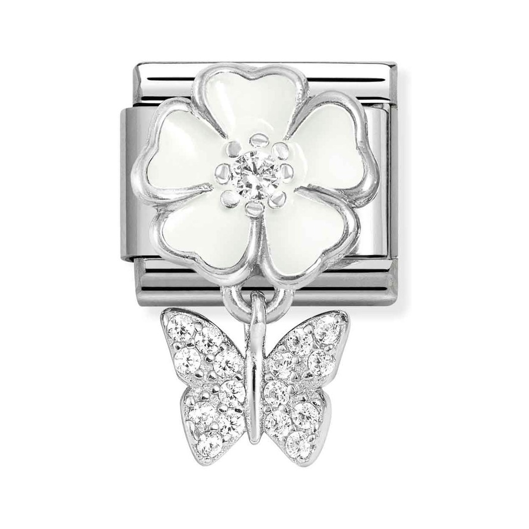 Nomination Composable Classic Charm Blume weiß Schmetterling - Edelstahl, Sterling Silber, Emaille