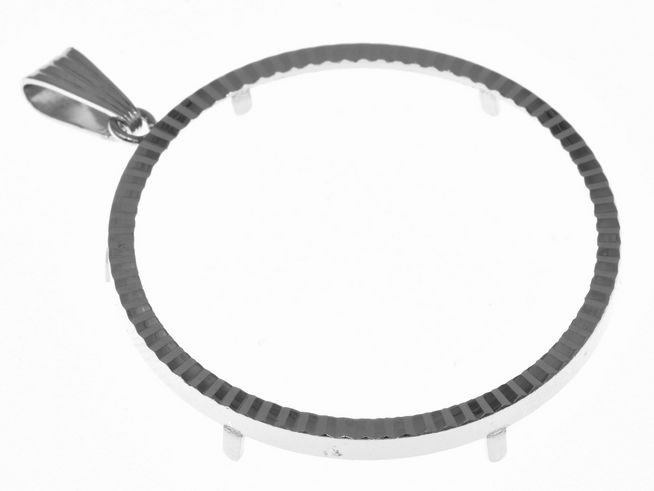 Münzfassung Anhänger aus echt Silber mit rhodiniertem Oberflächenfinish, Durchmesser 34,2 mm, geeignet für Münzen bis 3,5 cm, von Juwelier Harnisch, mit Diamantschliff.
