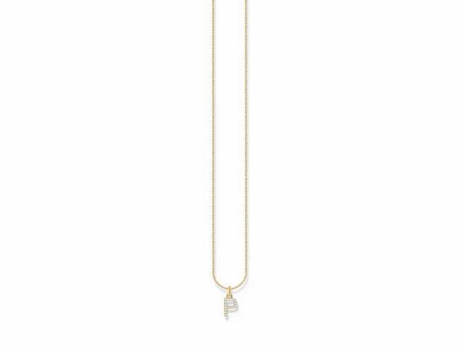 Hochwertige Thomas Sabo Kette aus Silber und vergoldetem Gelbgold mit dem Buchstaben P, verziert mit weißen Zirkonia, Länge von 38 bis 45 cm. Klassisches und elegantes Schmuckstück.
