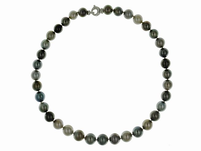 Perlenkette aus Tahiti-Perlen in Grautönen, Durchmesser 10-12,5 mm, Länge 45 cm, hergestellt von Juwelier Harnisch, elegante und stilvolle Ergänzung für jedes Outfit.