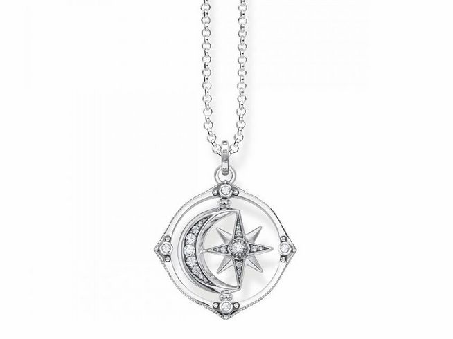 Silberne Kette mit Anhänger in Form von Mond und Sternen, verziert mit funkelnden Steinen, Länge 70 cm, von Thomas Sabo, Modell KE1983-643-14-L70.