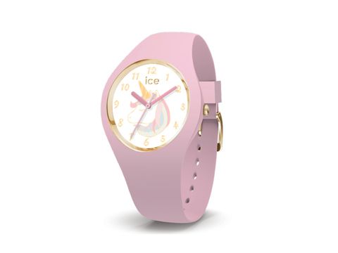ICE fantasia 016722 Pink Small von Ice watch zeigt eine rosa Armbanduhr mit einem bunten Einhorn-Motiv auf dem Ziffernblatt und goldenen Akzenten. Ideal für einen verspielten Look.
