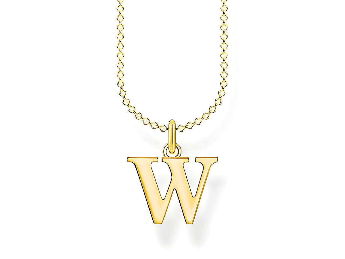 Eine vergoldete Silberkette von Thomas Sabo mit dem Buchstabenanhänger W in elegantem Design, verstellbar von 38 bis 45 cm, ideal für personalisierte Schmuckliebhaber.