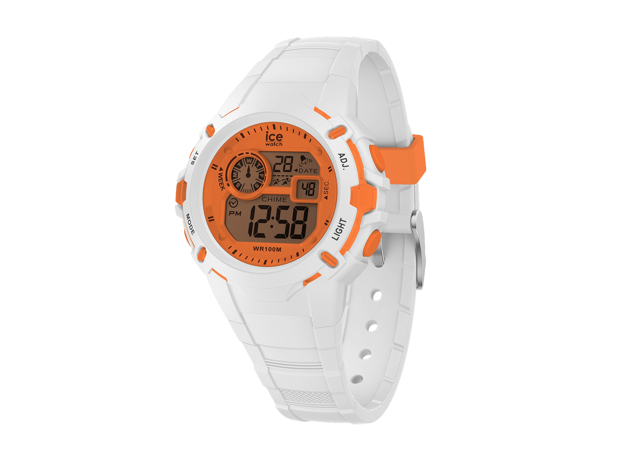 Die Ice Watch 024002 ICE digit explorer in Orange und Weiß zeigt ein modernes Design mit einer digitalen Anzeige. Der Gehäuse und das Armband sind aus hochwertigem Silikon gefertigt.