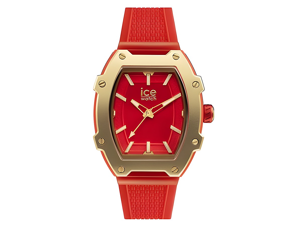 Ice Watch Uhr 023320 ICE boliday women Rot Gold zeigt ein auffälliges rotes Zifferblatt mit goldenen Akzenten und ein passendes rotes Silikonarmband in kleiner Größe. Ideal für trendbewusste Frauen.
