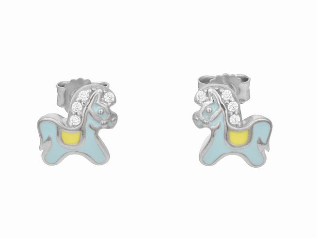 Ohrstecker in Form von Pferden aus poliertem rhodiniertem Sterling Silber, verziert mit Zirkonia, lackiert in Weiß, Hellblau und Gelb, ideal für Kinder.