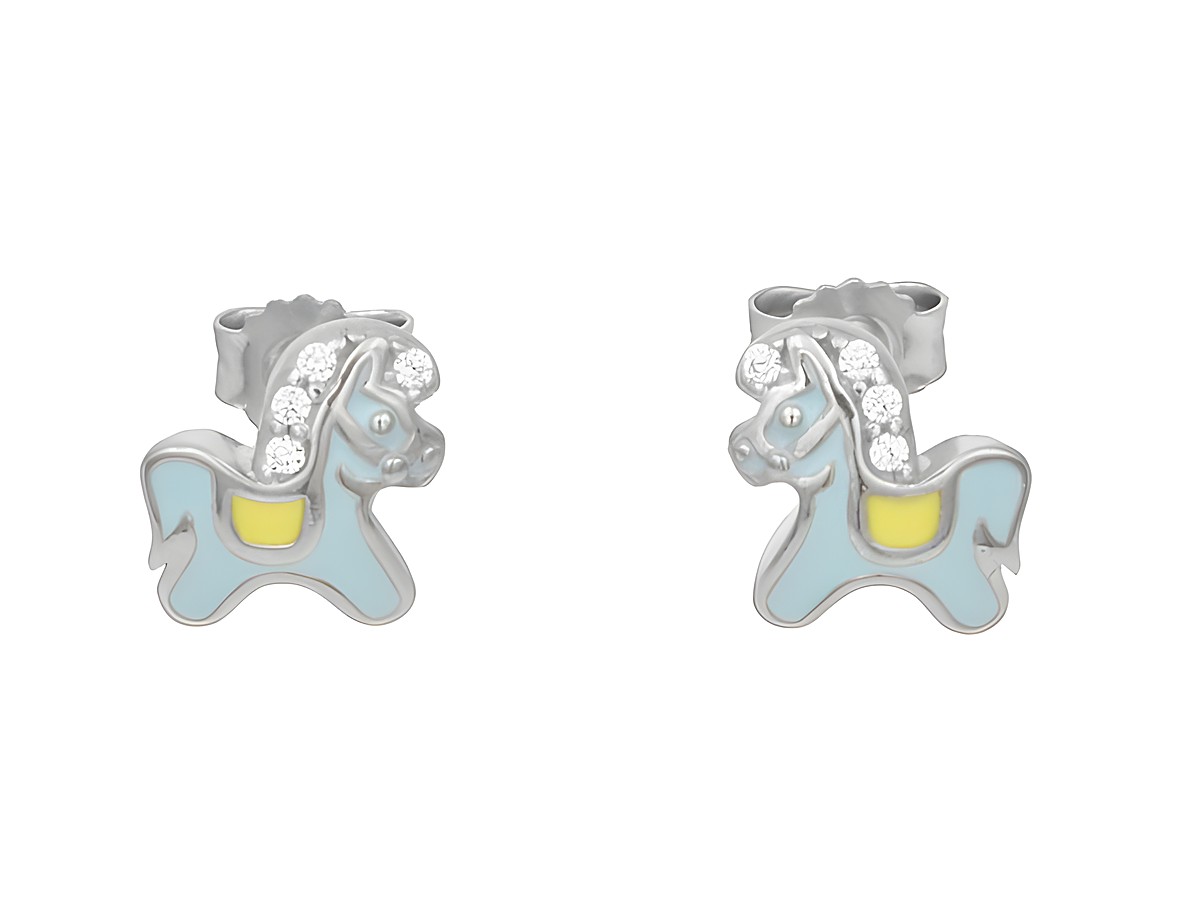 Ohrstecker in Form von Pferden aus poliertem rhodiniertem Sterling Silber, verziert mit Zirkonia, lackiert in Weiß, Hellblau und Gelb, ideal für Kinder.