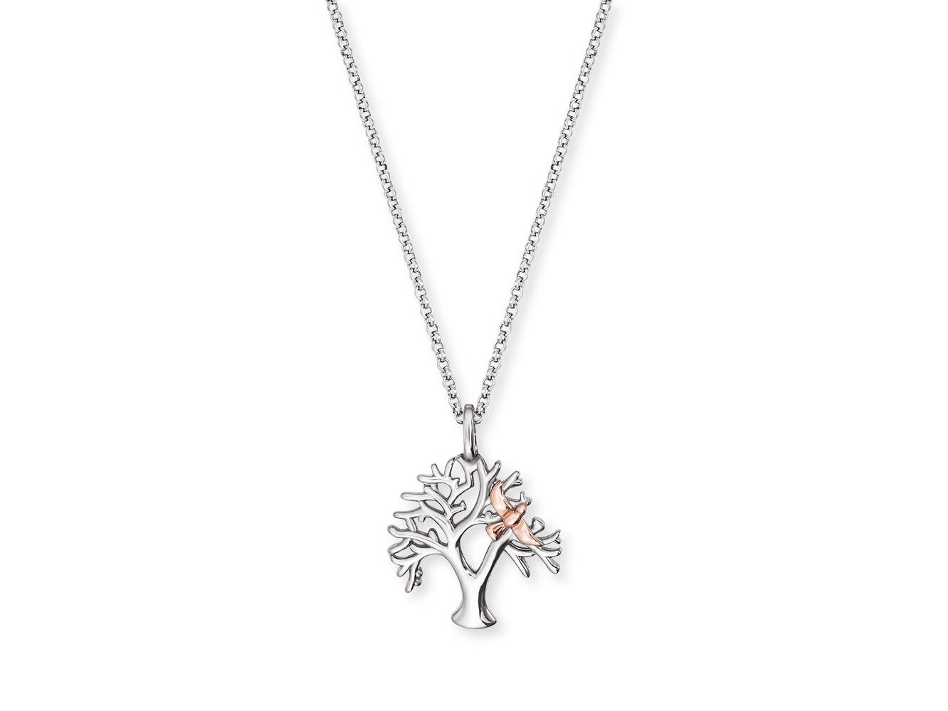 Engelsrufer ERN-TREE-BIR LEBENSBAUM Kette Bicolor - Silber rhod. 42 cm Bicolor Halskette aus Silber mit rhodiniertem Lebensbaum-Anhänger, der filigrane Äste und einen kleinen Vogel zeigt, in edlem Design von Engelsrufer, 42 cm lang.