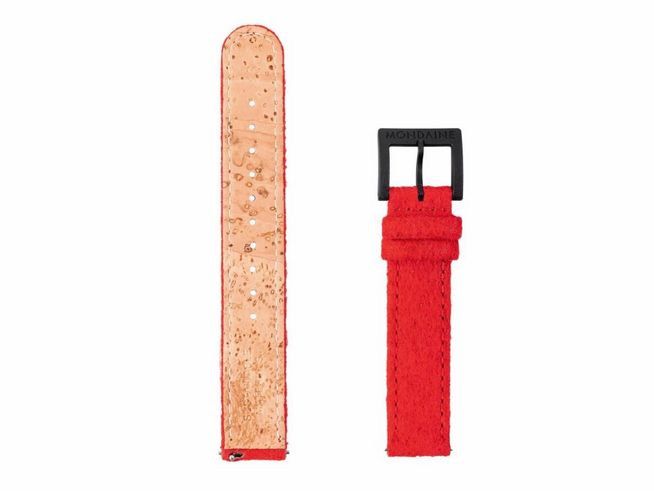 Korkarmband FTM.3116.30B.K von Mondaine in Rot, 16 mm, bietet einen modernen Look mit beidseitigem Kork- und Textilmaterial, ideal für eine stilvolle Uhr.