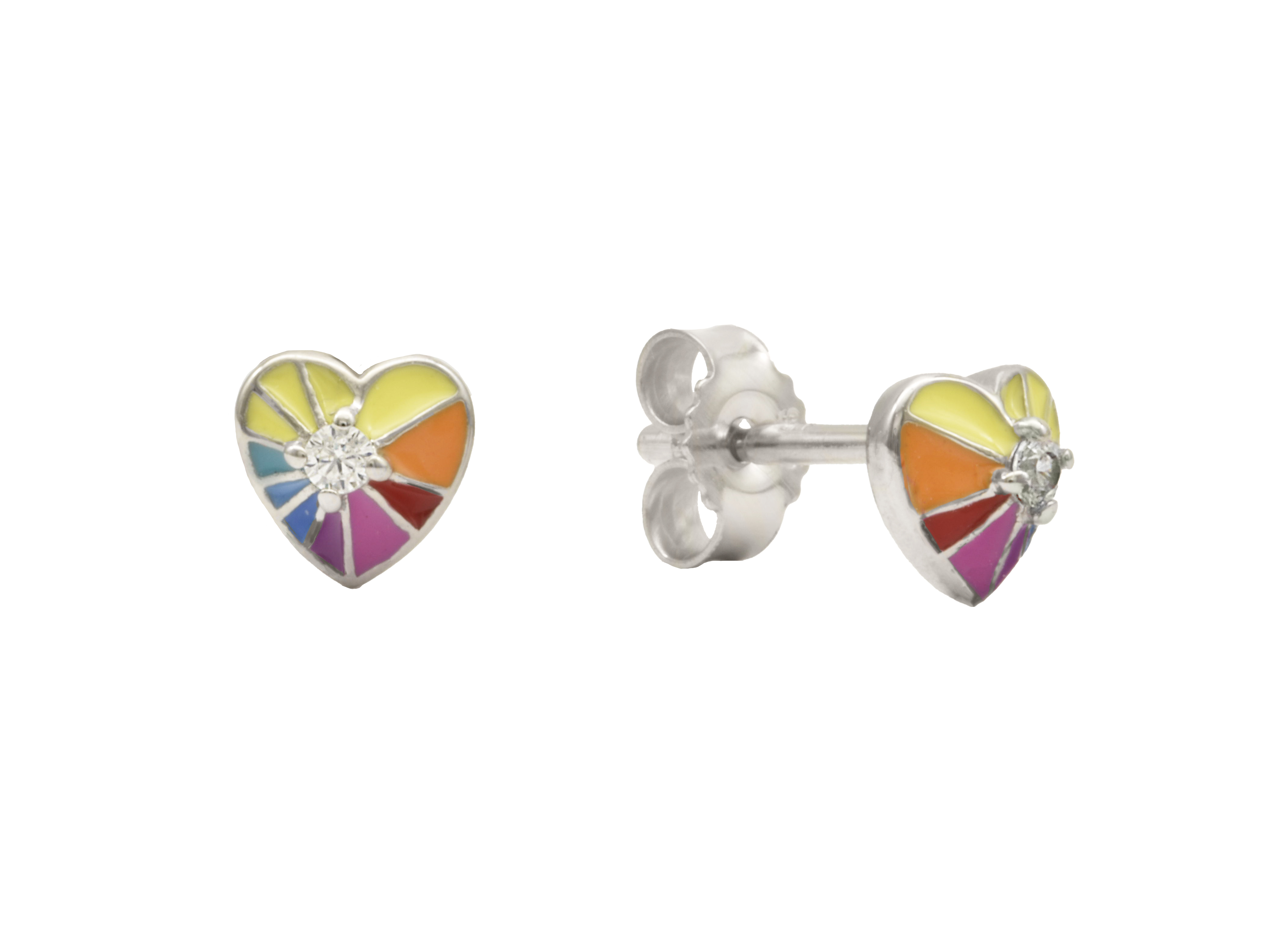 Ohrstecker in Herzform aus Sterling Silber 925 rhodiniert poliert mit buntem Lack und Zirkonia für Kinder, Hersteller Juwelier Harnisch.