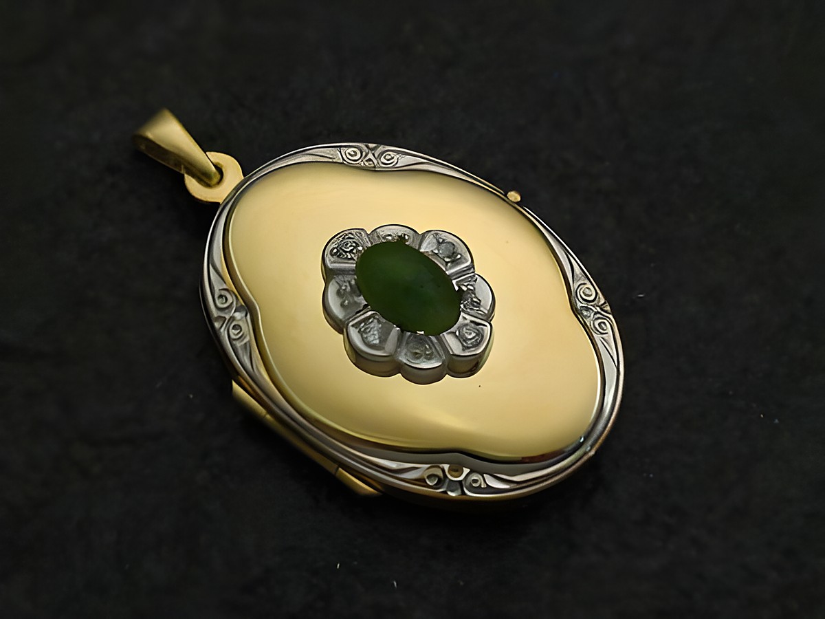 Jade grün Medaillon Cabochon Gold 585 bicolor mit Brillanten, Hersteller Juwelier Harnisch, Gelbgold 585, elegantes Design mit ovalem Jade-Einsatz in der Mitte.