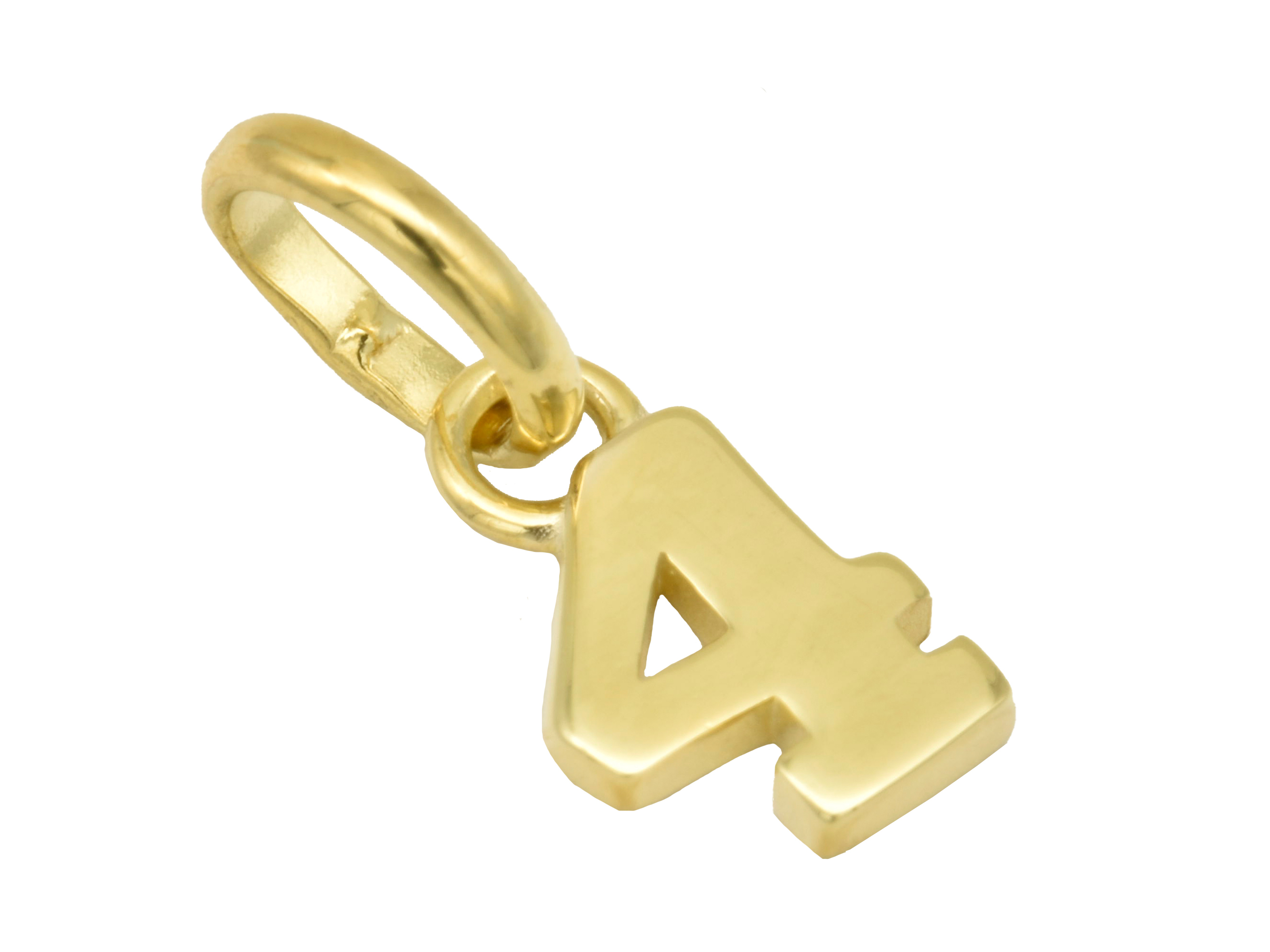 Silber Anhänger Zahl 4 aus sterling Silber, gelbgold vergoldet und poliert, symbolisiert die Glückszahl, Hersteller Juwelier Harnisch, geeignet für Schmuckliebhaber.