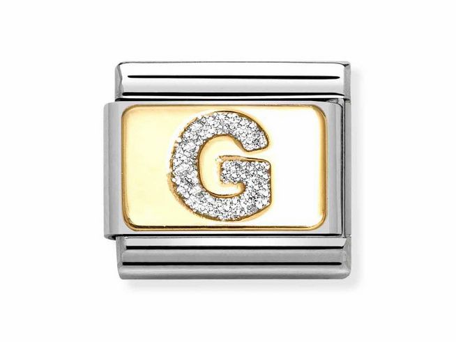 Buchstabe G in Emaille mit Silber-Glitzer auf gelbgoldener Fläche, umrandet von Edelstahl, von Nomination, geeignet für eine modische Armbandgestaltung.