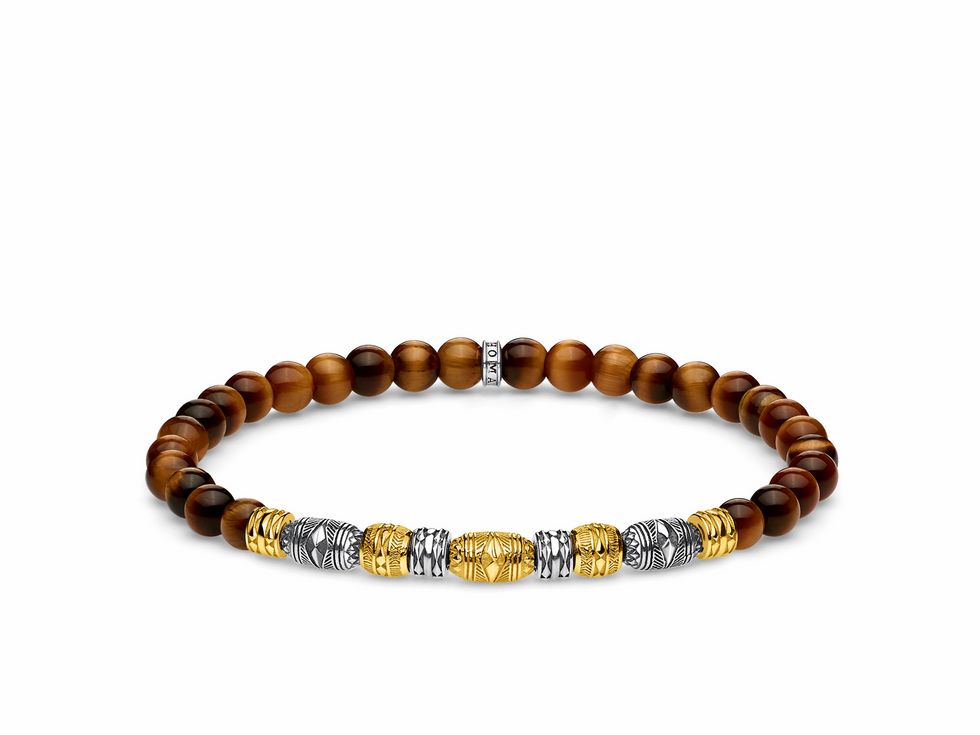 Thomas Sabo Armband 17 cm aus Sterling Silber in Gelbgoldoptik mit Tigerauge in Braun und detaillierten, ornamentalen Elementen in Silber und Gold, passend für Handgelenke bis 18 cm.