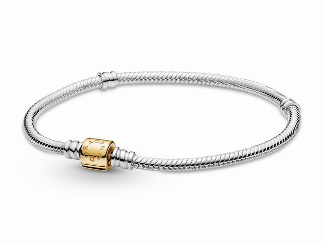 Bicolor Pandora Armband mit einer massiven Schlangenkette aus Silber und einem goldenen 585 Goldverschluss, 19 cm, elegant und zeitlos im Design.