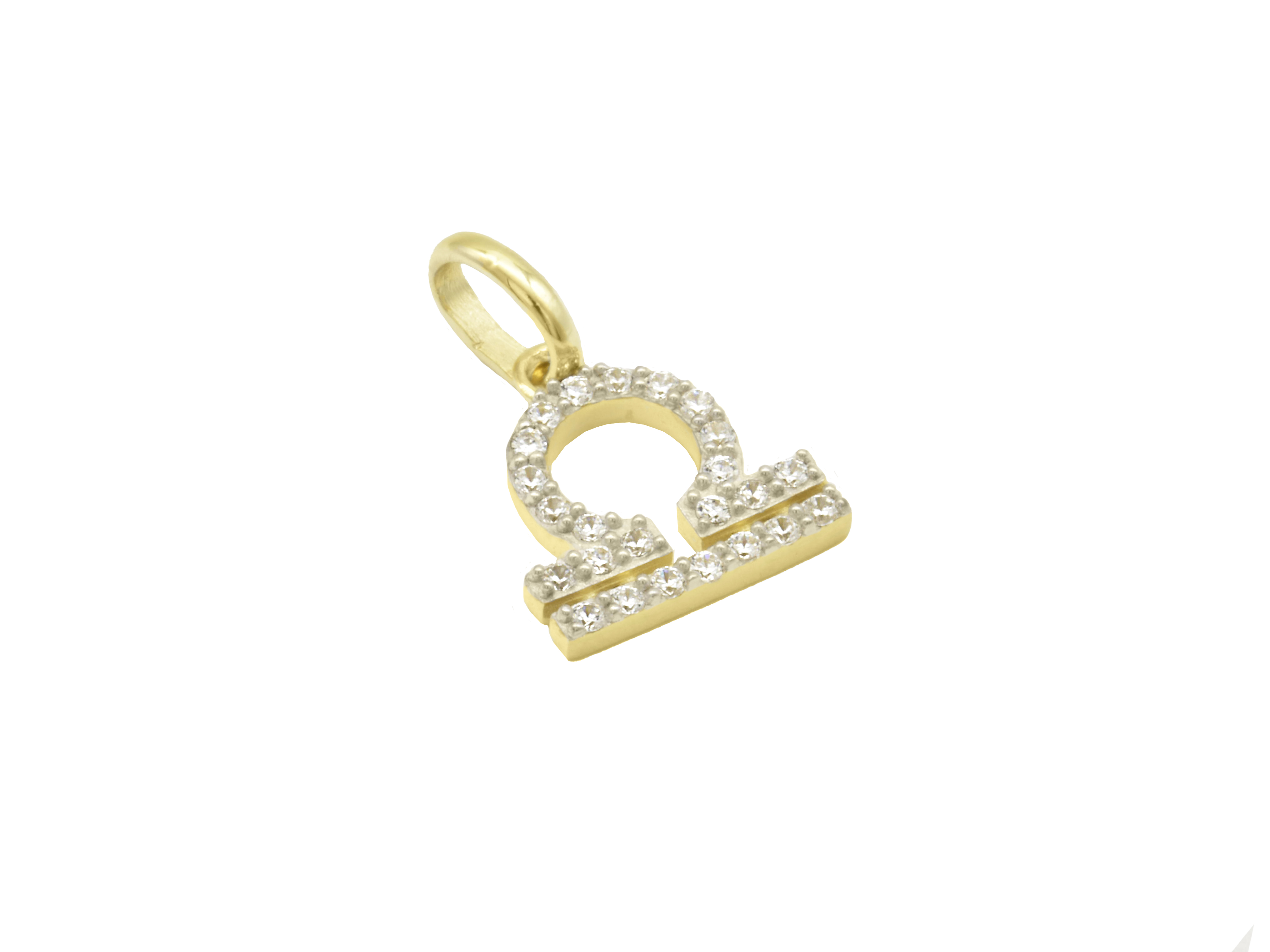 Ein Anhänger in Form des Sternzeichens Waage aus vergoldetem Sterling Silber 925, poliert und mit Zirkonia besetzt. Hergestellt von Juwelier Harnisch, ideal für Skorpione.