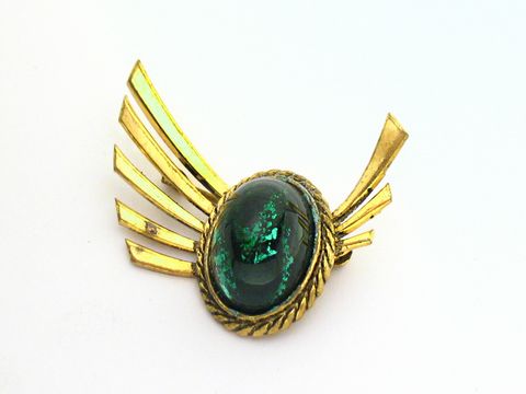 Damen Brosche Wunderschön Grün Gold Neu Hersteller Juwelier Harnisch Broschen Modeschmuck, elegante Brosche mit grünem Stein und goldenen Akzenten, stilvolles Accessoire für jeden Anlass.