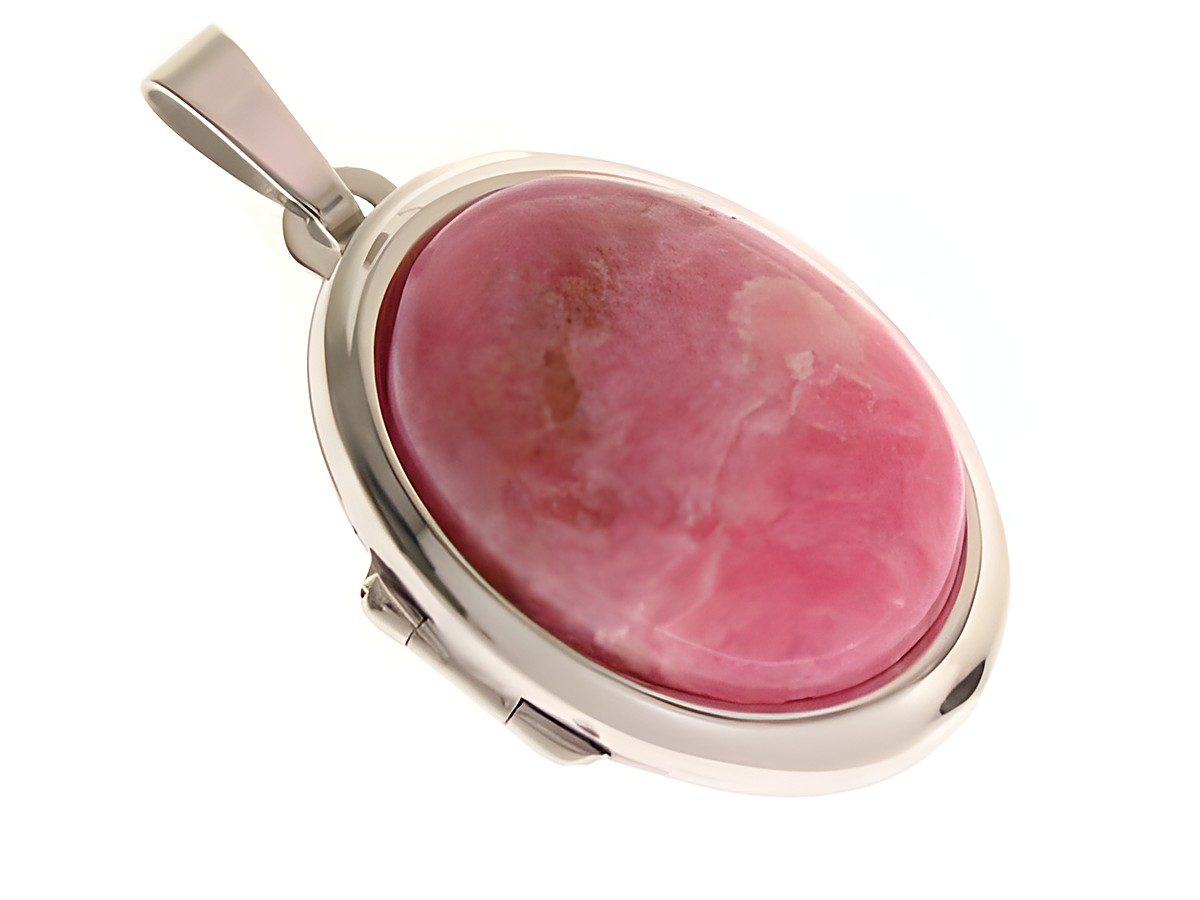 Rhodochrosit Medaillon aus Weissgold 585, ovaler Cabochon mit sanften rosa Farbtönen, elegant gefasst, Hersteller Juwelier Harnisch, hochwertiger Schmuck für besondere Anlässe.