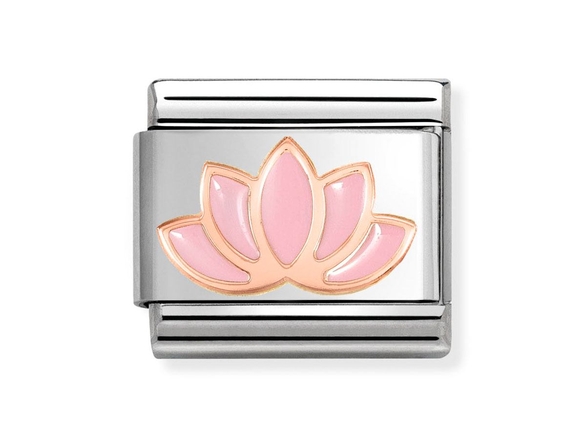 Klassisches Roségold Element mit einer rosa Emaille Lotosblüte auf einem silbernen Untergrund, Hersteller Nomination, Neuheit im Sortiment. Ideal für Armbänder.