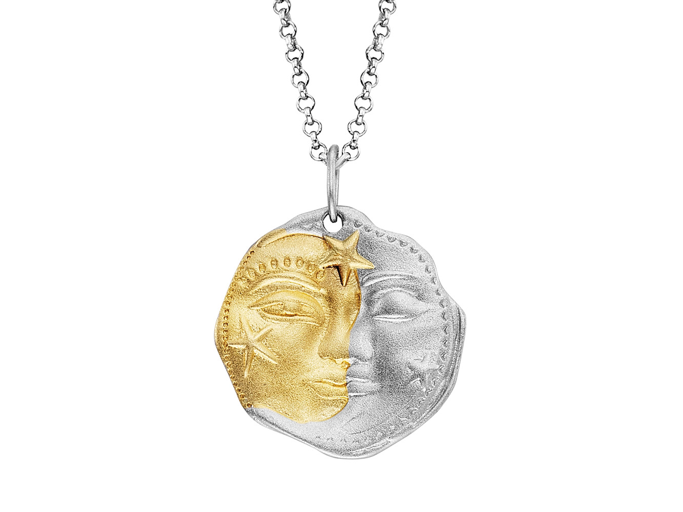 Kette mit Anhänger in Bicolor-Design, halb gelbgold und halb silber mit Sonne, Mond und Sternen, elegante Schmuckstück für stilvolle Frauen, 42 cm lang.