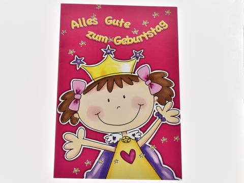 Geburtstagskarte für Mädchen mit einer fröhlichen Prinzessin in einem bunten Design. Die Prinzessin trägt eine Krone und hat ein breites Lächeln. Der Text wünscht alles Gute zum Geburtstag.