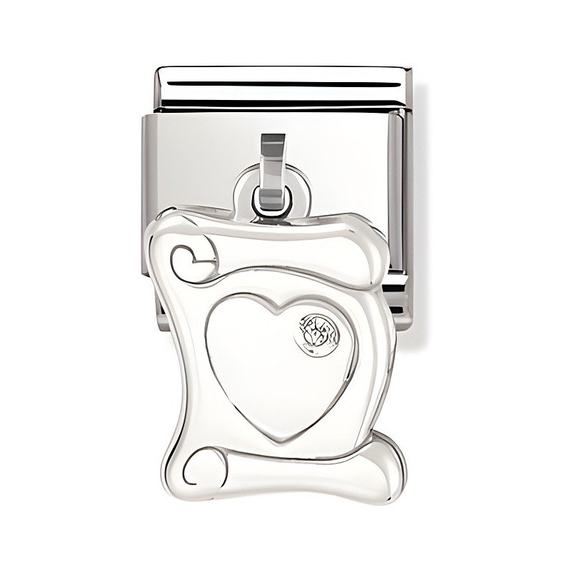 Silberner Anhänger von Nomination Classic mit einem Herzmotiv und einem funkelnden Stein, ideal für Liebesbriefe und romantische Geschenke. Perfekt als charm für eine Schmuckkollektion.