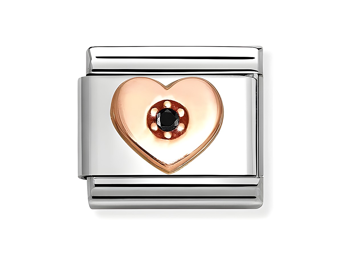 Zirkonia Herz mit schwarzem Stein in Roségold und Edelstahl gestaltet, Teil der klassischen Nomination Kollektion, edles Schmuckelement für Armbänder.