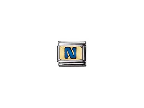 BLAU emaillierter Buchstabe N von Nomination, gefertigt aus Edelstahl, in rechteckiger Form mit goldfarbenem Hintergrund, ideal für Armbänder.