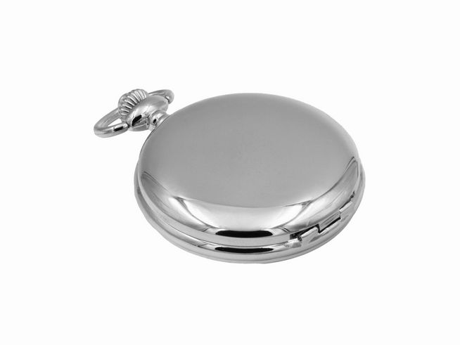 Eichmüller Taschenuhr Datum aus Edelstahl mit poliertem Deckel und Mineralglas, Durchmesser 6,5 cm, hergestellt von Juwelier Harnisch, elegant und zeitlos im Design.