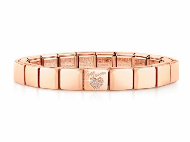 423910422-0 Edelstahl Armband in Roségold PVD-beschichtet mit der Gravur Mum und Herz, ein elegantes Schmuckstück von Nomination, ideal als Geschenk für Mütter.