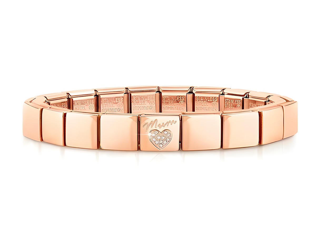 Edelstahl Armband in Roségold PVD-beschichtet mit der Gravur Mum und Herz, ein elegantes Schmuckstück von Nomination, ideal als Geschenk für Mütter.