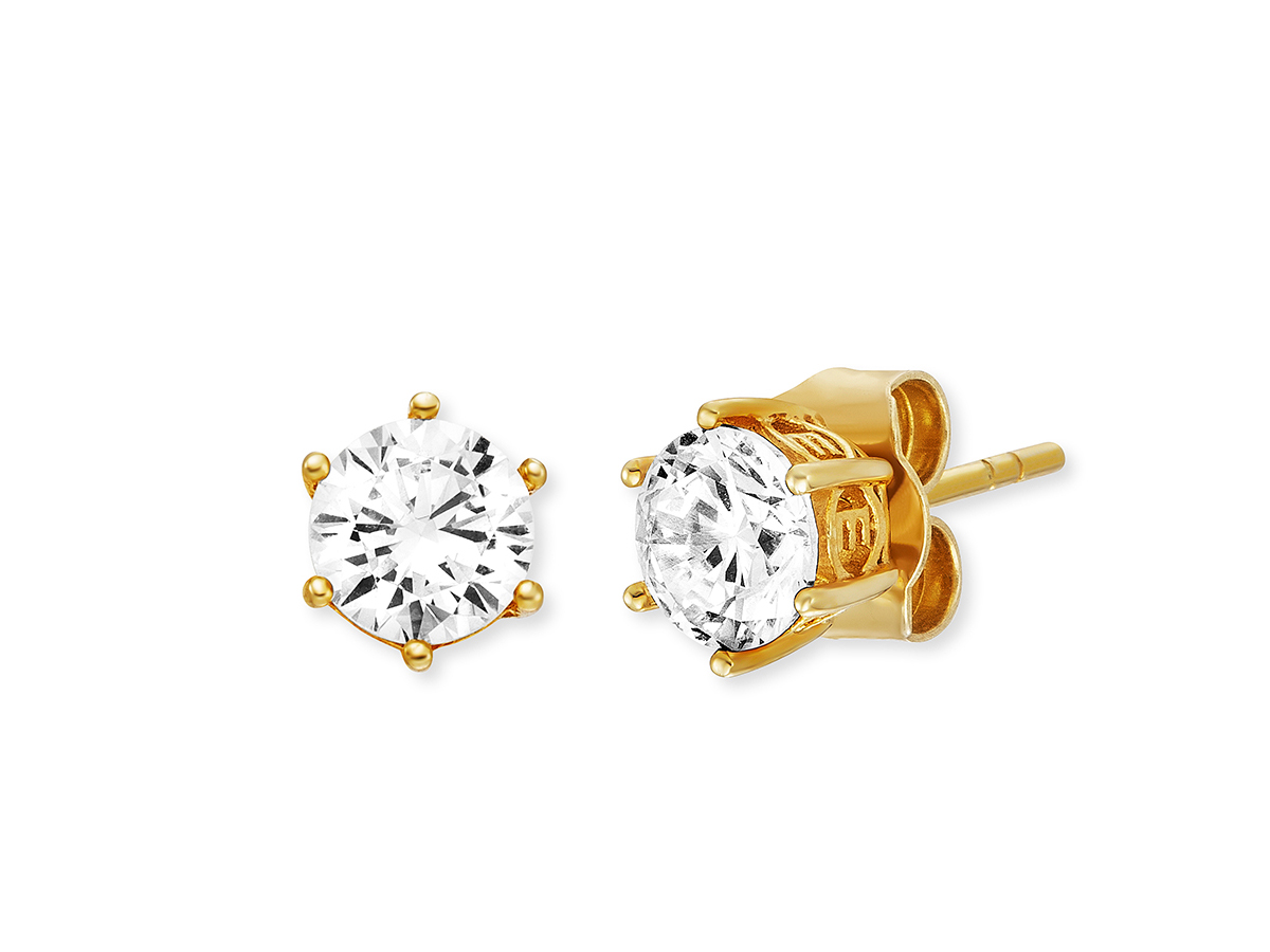 Engelsrufer ERE-SHINY-ZI-STG-6 BASIC Ohrstecker in Gelbgold Vergoldung mit funkelndem Zirkonia, 6 mm Durchmesser, elegantes Design für einen festlichen Look.
