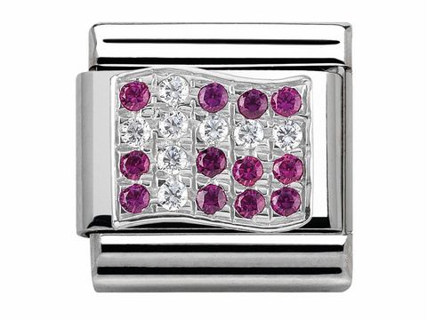 Das Bild zeigt ein elegantes Armbandglied von Nomination in Classic SilverShine Ausführung, verziert mit glitzernden Zirkonia in den Farben der dänischen Flagge, rot und weiß.