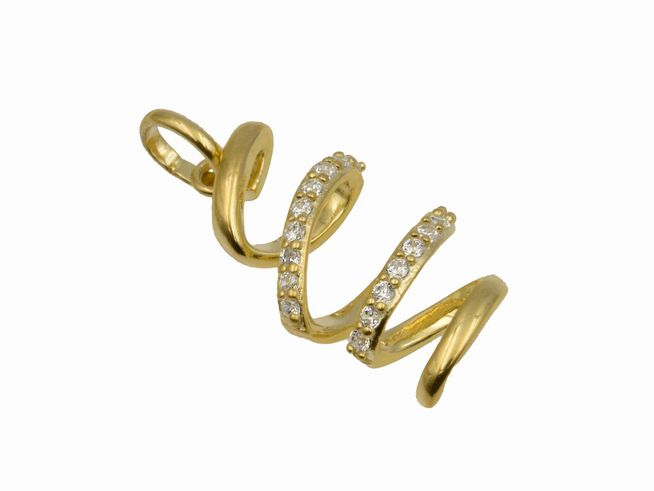 Anhänger Twister aus 925 Sterling Silber, poliert und gelb vergoldet, mit glitzerndem Zirkonia besetzt, in geschwungener Form, vielseitig einsetzbar, vom Juwelier Harnisch.