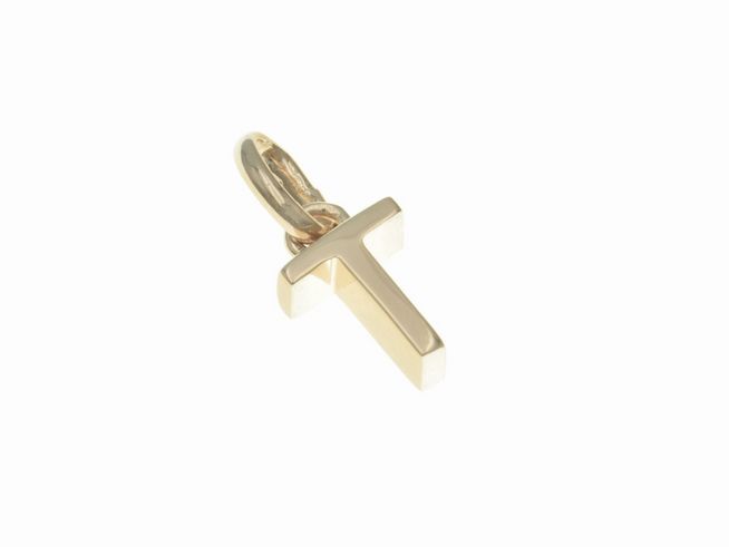 Anhänger aus poliertem Sterling Silber in Form des Buchstabens T, vergoldet in Roségold, vom Hersteller Juwelier Harnisch. Ideal als elegantes Schmuckstück.