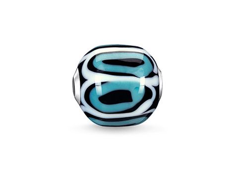 Glas-Bead in Türkis, Schwarz und Weiß mit geschwungenem Muster von Thomas Sabo, Karma Bead K0249-017-17, gefertigt mit Stein, ideal für individuelle Armbänder.