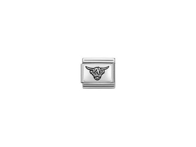 Classic Platten Element aus Edelstahl und Sterling Silber mit der Abbildung eines Highlandrinds, gefertigt von Nomination, Modellnummer 330111 35, ideal für individuelle Armbänder.