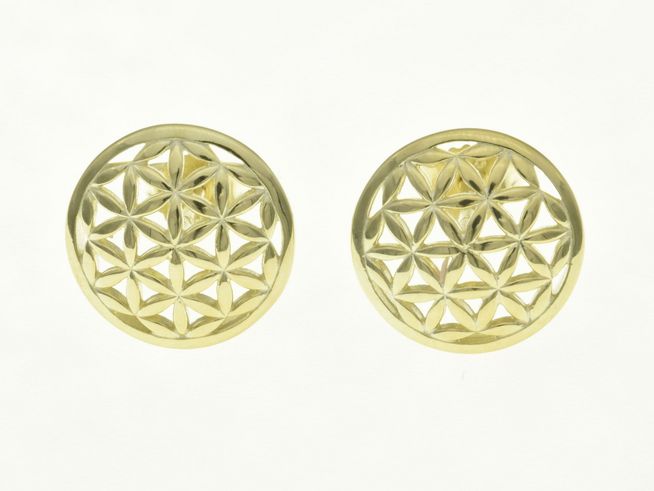 Runde Blumenmuster Ohrstecker aus Sterling Silber, gelbgold vergoldet, von Juwelier Harnisch, mit filigranem Design und glänzender Oberfläche.