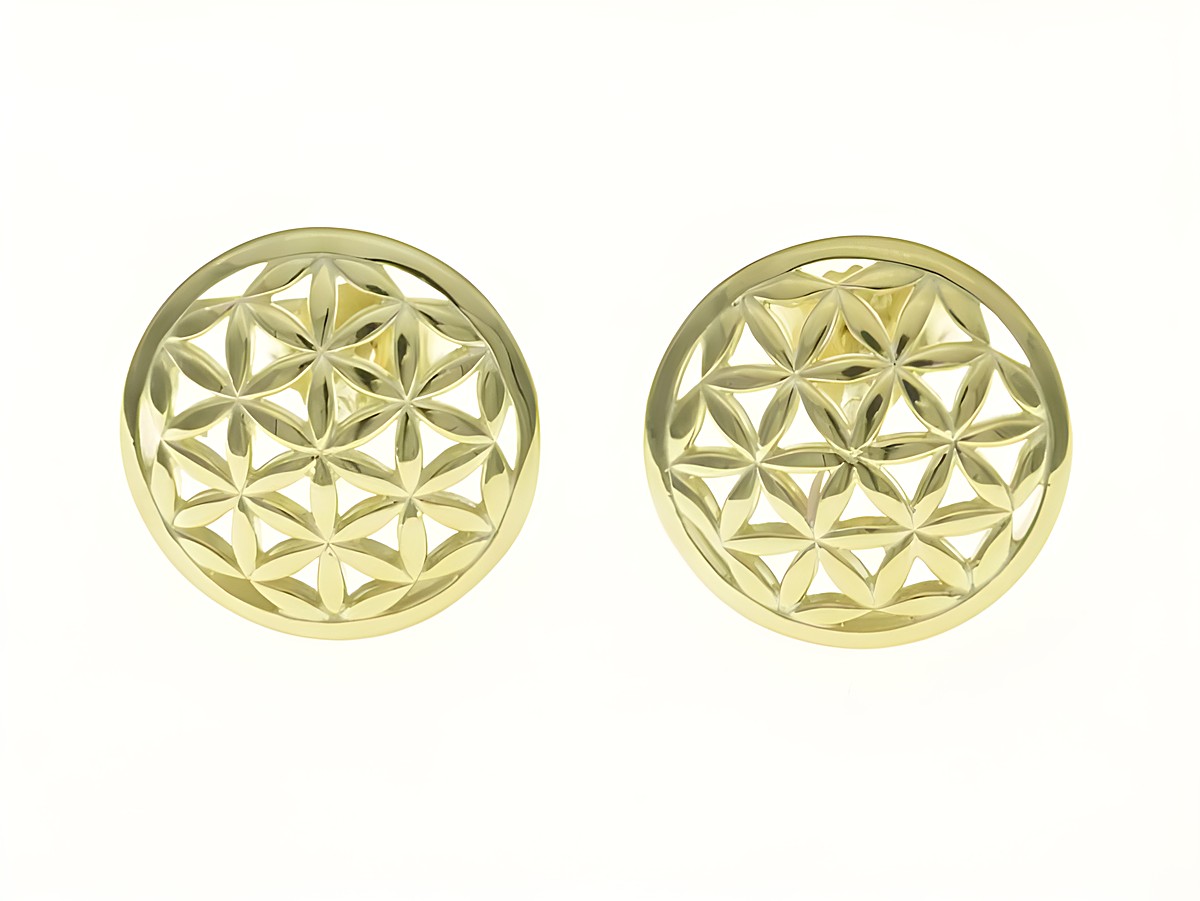 Runde Blumenmuster Ohrstecker aus Sterling Silber, gelbgold vergoldet, von Juwelier Harnisch, mit filigranem Design und glänzender Oberfläche.