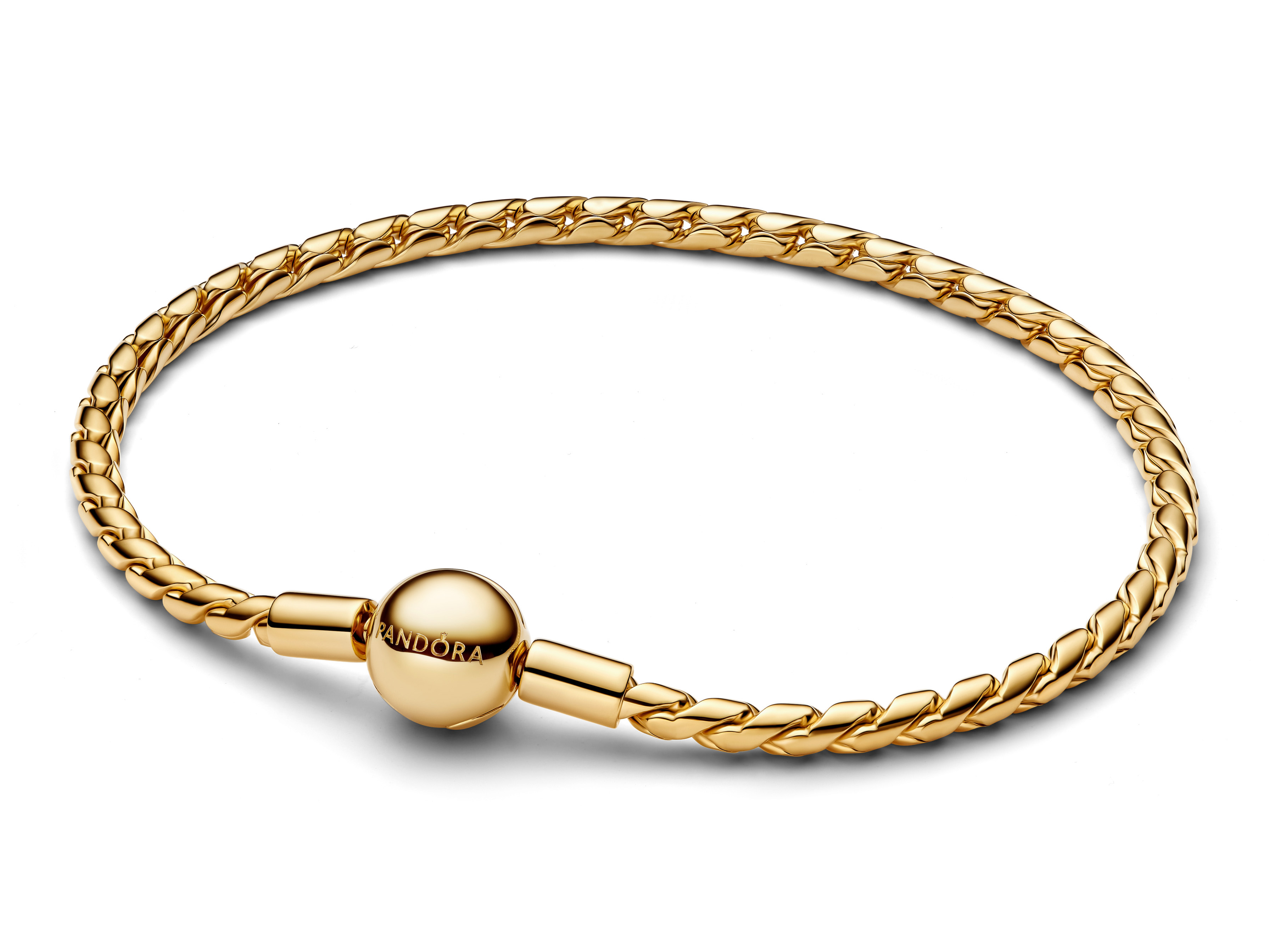 Runder Verschluss Flügel-Kettenarmband von Pandora in Gelbgold Vergoldung, Länge 16 cm, elegantes Design mit verzweigten Kettengliedern und markantem Verschluss. Neuheiten von Pandora.