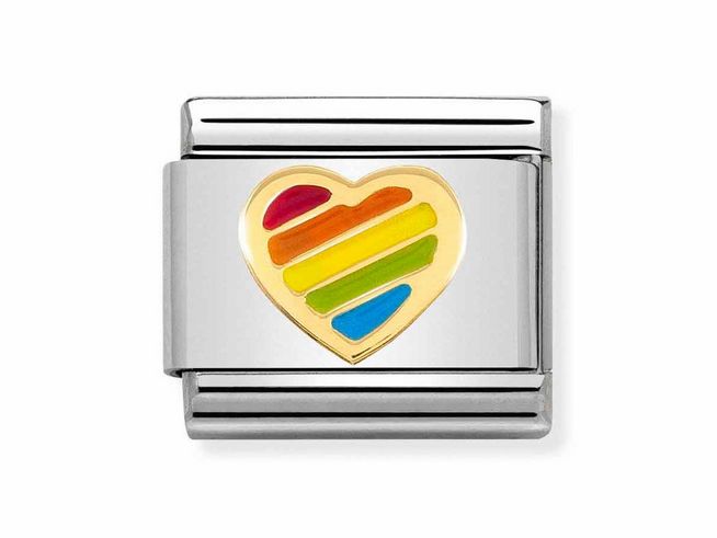 Regenbogen Herz aus buntem Emaille in der Mitte, umrahmt von klassischem Gelbgold und silbernem Rahmen, stilvolles Schmuckelement von Nomination.