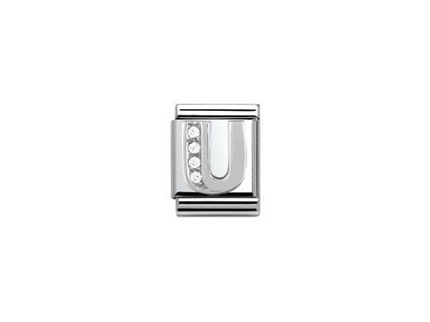 Silberner NOMINATION Big Charm mit eingearbeitetem Buchstaben U aus Sterlingsilber und Zirkonia-Steinen, ideal für personalisierte Armbänder. Hersteller: NOMINATION.