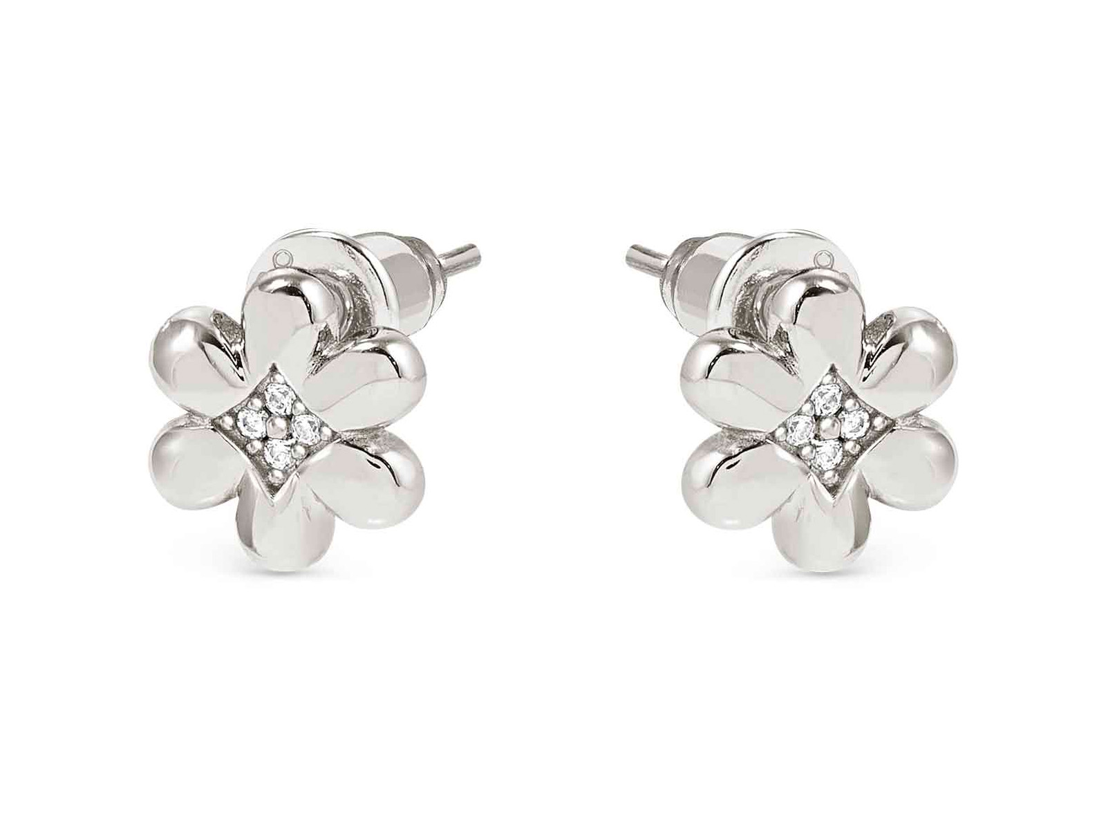 Sterling Silber Ohrstecker in Blumenform mit Zirkonia besetzt, glänzende Oberfläche, bestehend aus zwei funkelnden Blumendesigns, elegant und modern, ideal für jeden Anlass.